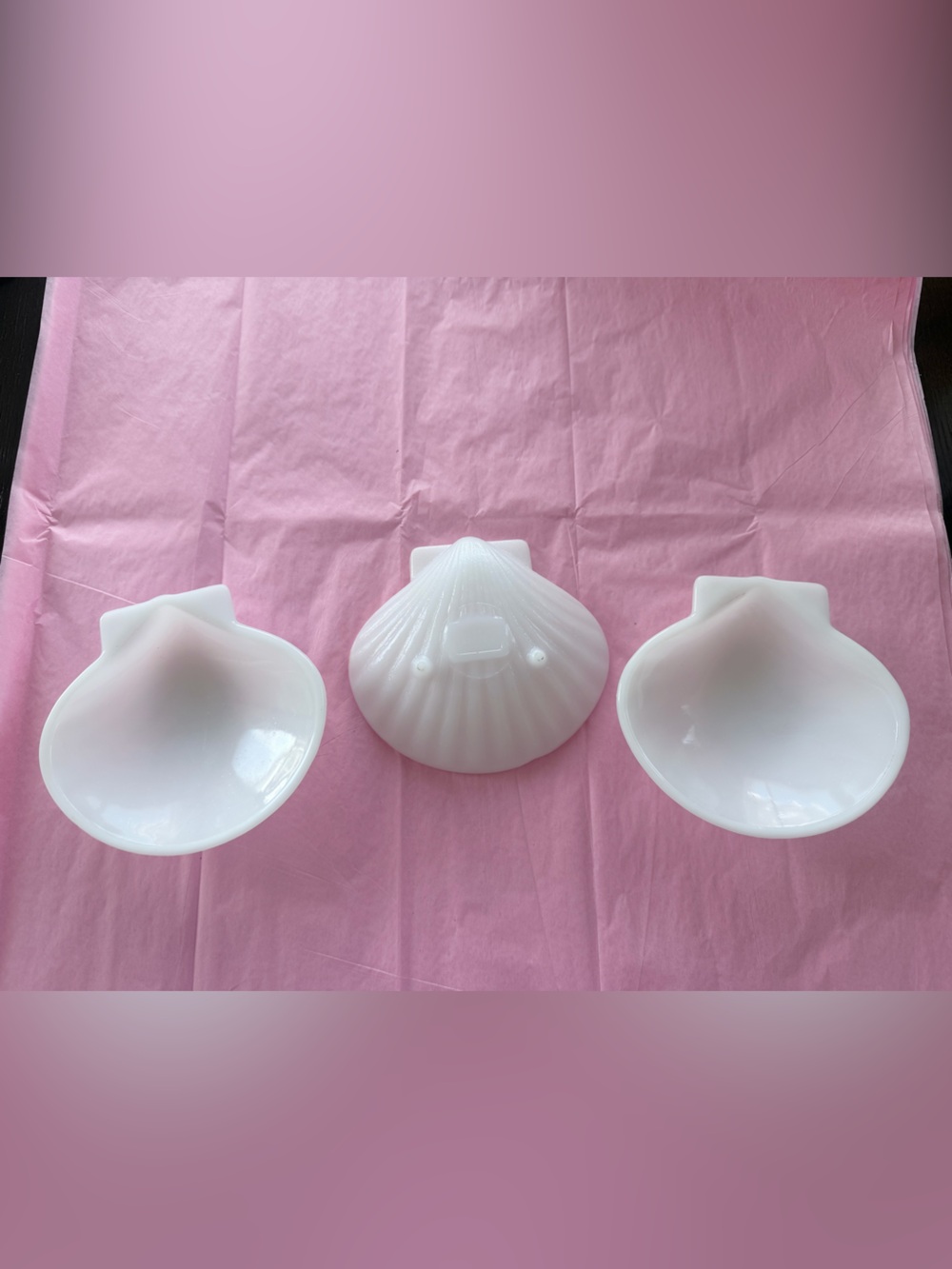 Glasbake milk glass shell dishes